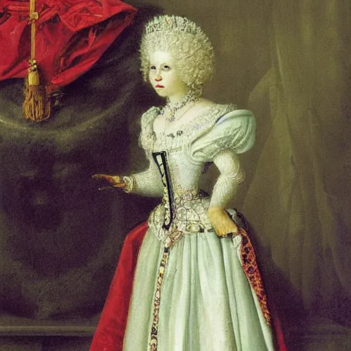 Prompt: portrait of a white poodle as an italian queen, painting by rafael