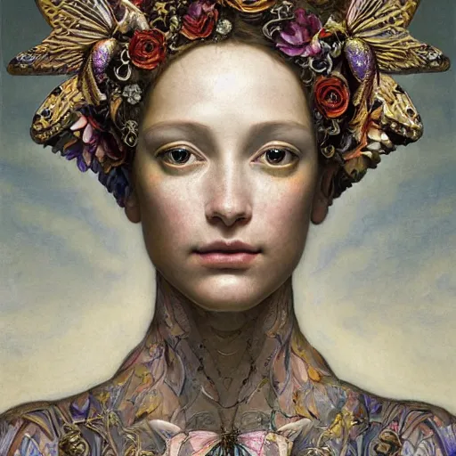 Prompt: a baroque neoclassicist closeup renaissance portrait of a flower queen with moth wings with iridescent geometric patterns, reflective detailed textures, dark fantasy science fiction painting by diego rivera and jean delville and sam spratt and dulac, dramatic lighting, gleaming silver and soft muted colors, floral tattoos, artstation, octane render