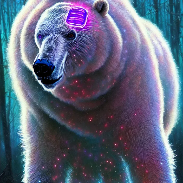 Prompt: bright psychedelic fluffy hairy cyborg polar bear, diffuse lighting, fantasy, intricate, elegant, highly detailed, lifelike, photorealistic, digital painting, artstation, illustration, concept art, smooth, sharp focus, art by John Collier and Albert Aublet and Krenz Cushart and Artem Demura and Alphonse Mucha