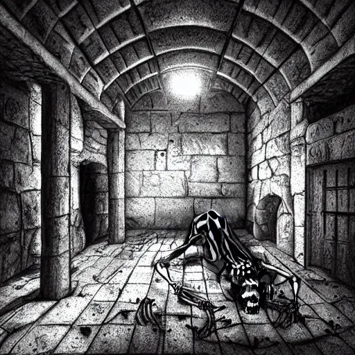 Prompt: skeleton laying in a dungeon, moody atmosphere, medieval prison, dungeon cell, prison cell, dusty, artstation award, ultra - realistic, illustration, bones