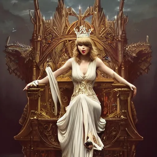 Image similar to Taylor Swift sitting on a majestic throne wearing a crown, D&D style, fantasy, intricate, elegant, highly detailed, digital painting, artstation, concept art, matte, sharp focus, illustration, art by Artgerm and Greg Rutkowski and Alphonse Mucha