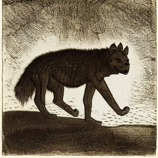 Image similar to giant hyena standing on a desert road at night, hard flash, by alfred kubin
