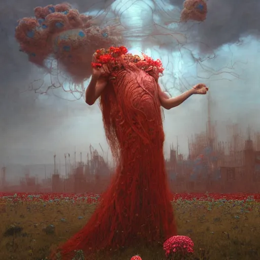 Image similar to A woman wearing clothes made out of thunder clouds and flowers, giant monsters in the background, red skin, Masterpiece, glowing, wires everywhere, by Edgar Maxence and Ross Tran, Zdzisław Beksiński, and Michael Whelan, distant, gustav dore, H.R. Giger, 8k, octane render