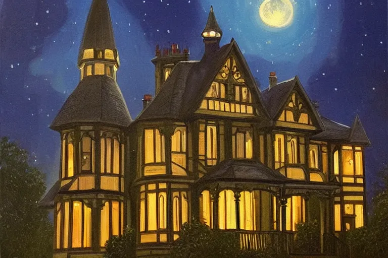 Prompt: a beautiful painting of a victorian house with bay windows, and a tower at night, very detailed by samuel and joseph newsom, harry potter