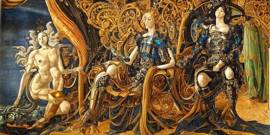 Image similar to beautifully painted mural of a mechanical cyborg king in ornate royal metallic fabric sitting in his royal throne room, piercing glowing eyes, sci fi scenery, fantasy setting, vogue cover poses, mural in the style of sandro botticelli, caravaggio, albrecth durer