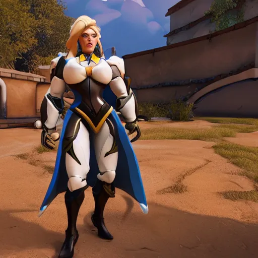 Image similar to a screenshot of arnold schwarzenegger as mercy in overwatch, full body shot