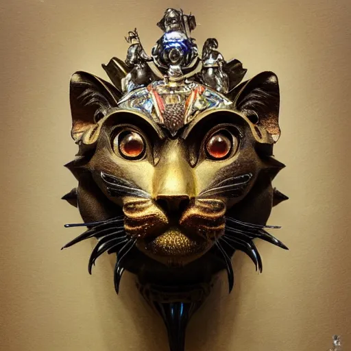 Prompt: masterpiece sculpture of an ornate bejeweled mechanical cat head, by annie swynnerton and diego rivera and nicholas roerich and jean delville, symbolist, dramatic lighting, god rays, elaborate geometric ornament, art brut, rich colors, smooth, sharp focus, extremely detailed, adolf wolfli and ( donato giancola )