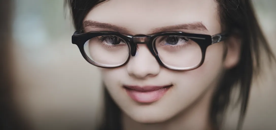 Prompt: a emo girl with glasses upclose photorealism bokeh