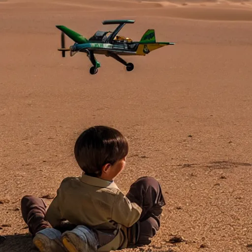 Prompt: a pilot with a little prince in the desert