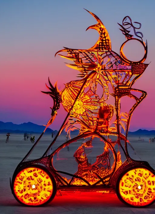 Image similar to burning man art car, sunset, 4 k