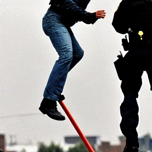 Prompt: tom cruise jumping on a pogo stick getting arrested