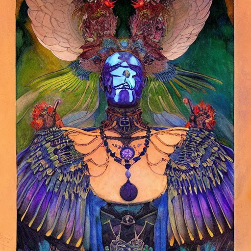 Image similar to the raven god-king, by Annie Swynnerton and Nicholas Roerich and Diego Rivera, bioluminescent skin, tattoos, wings made out of flowers, elaborate costume, geometric ornament, symbolist, cool colors like blue and green and violet, smooth, sharp focus, extremely detailed