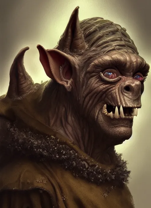 Prompt: profile portrait of a medieval goblin in the cloisters, beautiful face, hyper realistic, highly detailed, digital painting, artstation, illustration, concept art by hyung tae and frank frazetta, digital paint, matte paint, washed colors, dark, gloomy