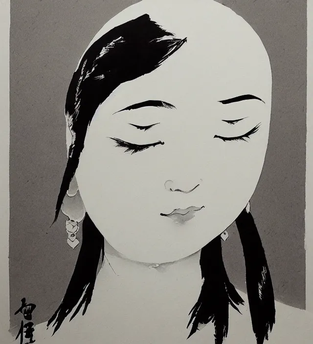 Prompt: taoist buddhist simple minimalist art brush ink painting of a beautiful girl portrait in squareenix miura kentaro sorayama noir style detailed trending award winning