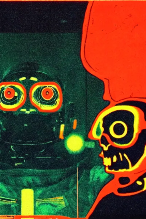 Image similar to astronaut with neon glowing skull 1 9 6 0 s color _ bleed _ video compression video glitch vhs footage akira kurosawa mamoru oshii wes anderson