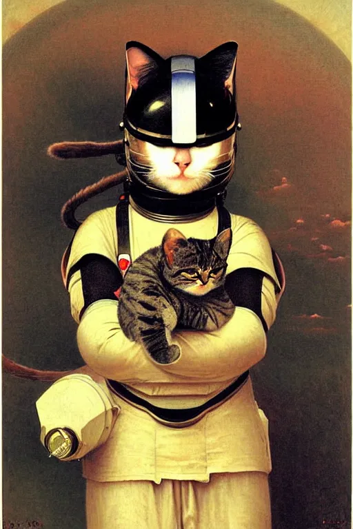 Image similar to portrait of a cat astronaut with japanese armor and helmet, by bouguereau