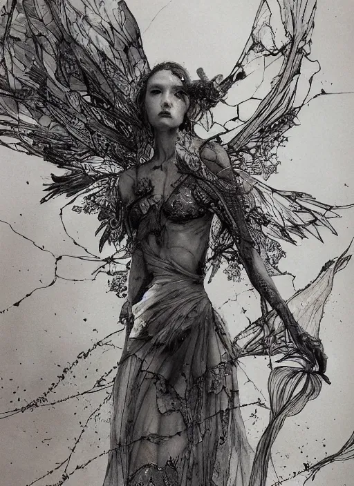 Image similar to beautiful, limping fairy, walks across the battlefield toward an oasis, barb wire, explosions, torn wing, watercolor, pen and ink, intricate line drawings, by Yoshitaka Amano, Ruan Jia, Kentaro Miura, Artgerm,