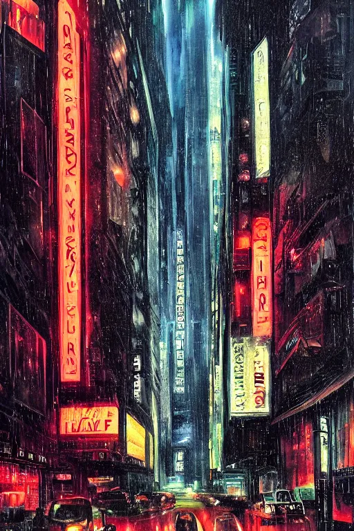Prompt: Blade Runner City by Caravaggio, neon lights, raining, oil painting, renaissance style