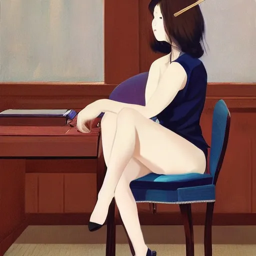 Prompt: oil painting by ilya kuvshinov, sakimichan, coby whitmore, of a youthful japanese beauty, long hair, sitting on antique chair leaning against a desk, victorian room