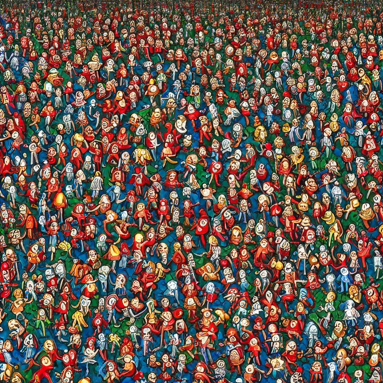 Prompt: an incredibly detailed masterpiece photo of a Where's Waldo puzzle by bosch, ornate, beautiful, bold colors, detailed, high resolution, wow!, realistic, photorealism, intricate, 4k octane render, HDR, unreal engine, zbrush, vfx, very realistic