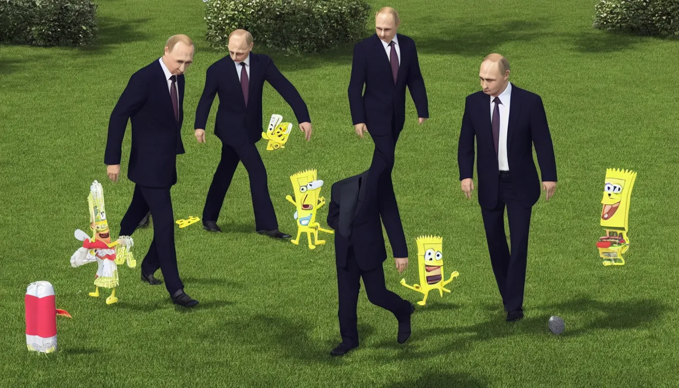 Prompt: putin walks with spongebob on the lawn, masterpiece. rendered in blender, ultra realistic, smooth shading, ultra detailed, high resolution, 8 k, cinematic, unreal 6