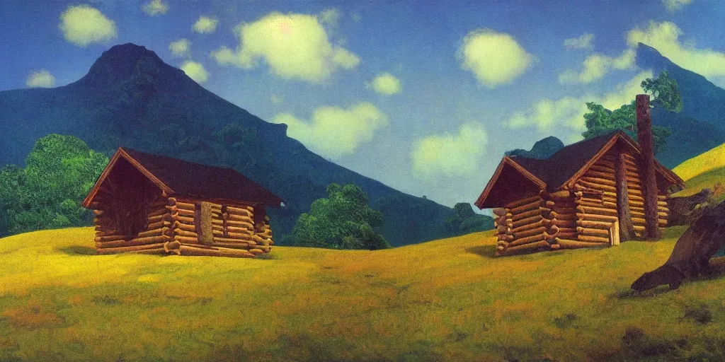 Image similar to a log cabin on a windy hillside, style of maxfield parrish, oil painting, high art,