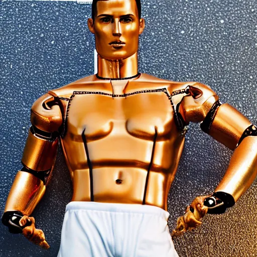 Image similar to a realistic detailed photo of a guy who is an attractive humanoid who is half robot and half humanoid, who is a male android, soccer player cristiano ronaldo, shiny skin, posing like a statue, blank stare, by the pool, on display, showing off his muscles, humanoid robot, gold soccer shorts