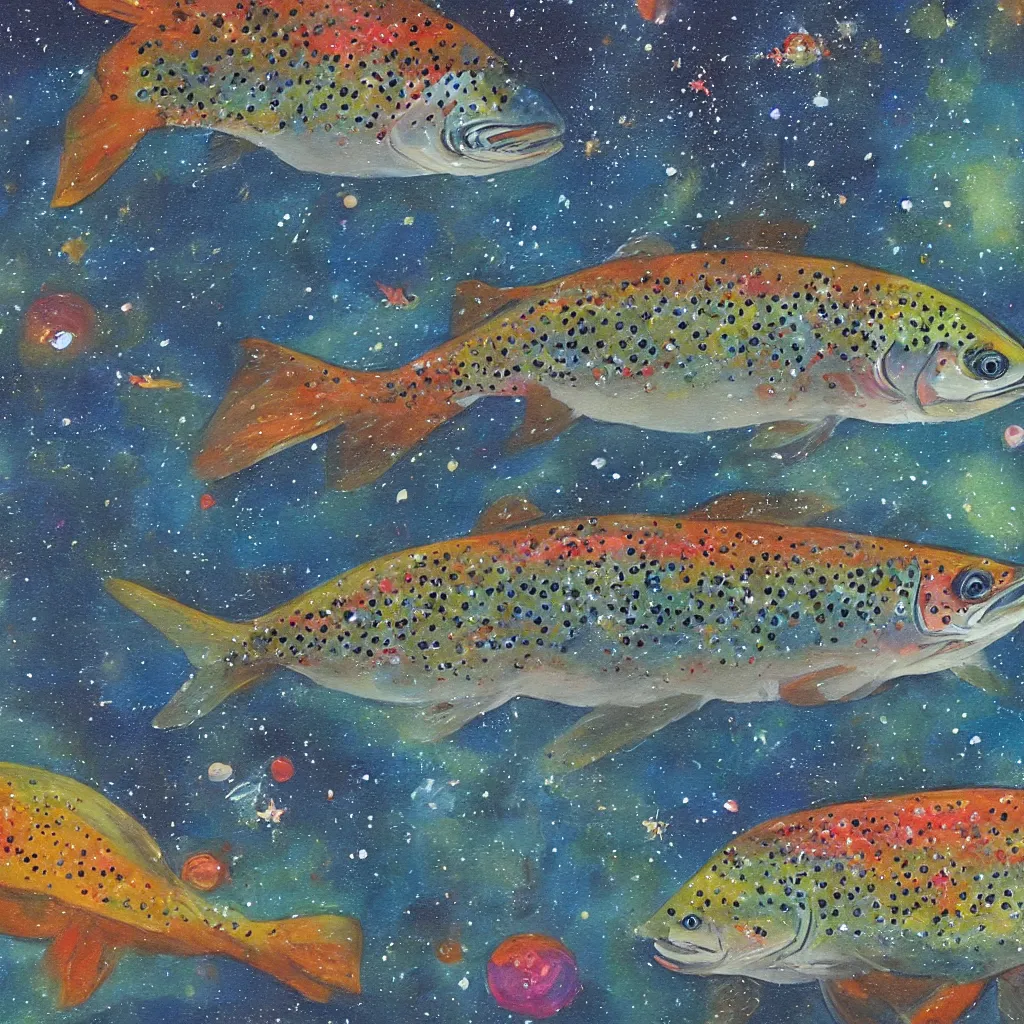 Image similar to a painting of a trout swimming in outer space