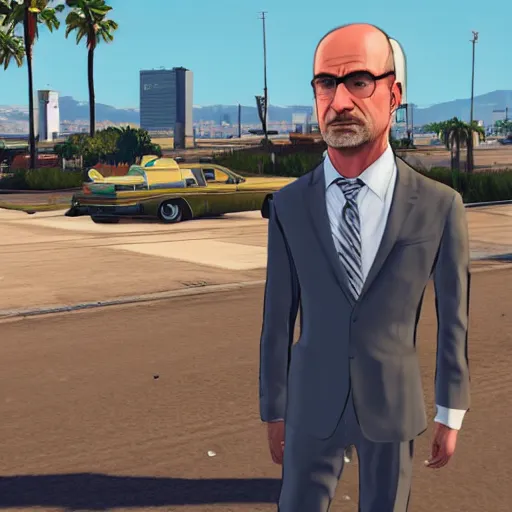 Prompt: Michael Ehrmantraut from Better call Saul in GTA V . Los Santos in the background, palm trees. In the art style of Stephen Bliss.