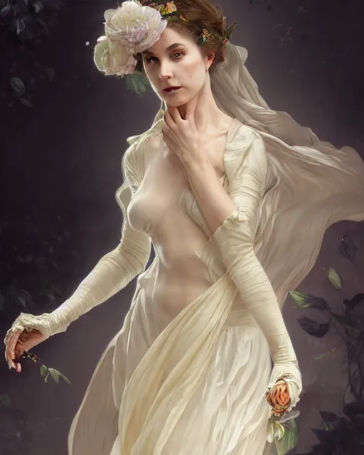 Image similar to woman dressed in a vaporous wrapped large victorian cream roses silk semi-transparent dress fashion is running D&D, fantasy, intricate, elegant, highly detailed, digital painting, artstation, concept art, matte, sharp focus, illustration, art by Artgerm and Greg Rutkowski and Alphonse Mucha
