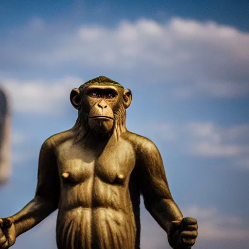 Image similar to high quality portrait of a monkey in front of Christ The Redeemer, studio photograph, photograph, realistic photo, 8k photo, 4k photo, stock photo, high resolution, cinematic shot, high detail