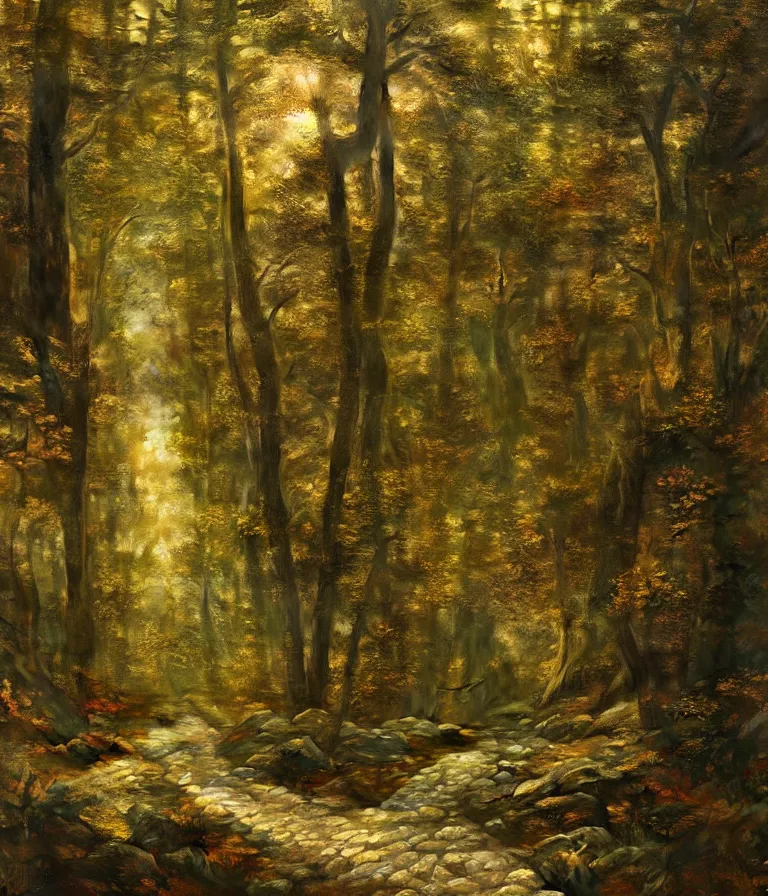 Image similar to a beautiful hyperrealistic detailed painting of a stone path leading up and through a magical forest, by federic edwin church, by fitz henry lane, gigantic, 3 d, brilliantly coloured, intricate, ultra wide angle, trending on artstation, whispy, sun beams, light, morning, volumetric lighting, polished, micro details