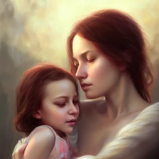 Image similar to love is patient love is kind, mother and child ; photorealistic oil painting by charlie bowater and mark blooms ; highly detailed cute faces by wlop ; trending on artstation