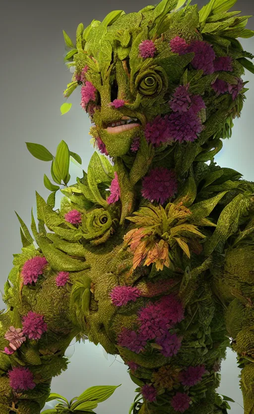 Image similar to a plant creature, foliage, plant filaments, flowers, humanoid shape, full body, photorealistic, 4 k, octane render, cinematic lighting, artistic photography, insanely detailed and intricate