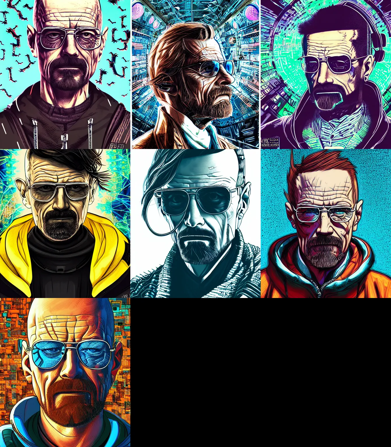 Prompt: hyper detailed comic illustration of a cyberpunk Walter White wearing a futuristic sunglasses and a gorpcore jacket, markings on his face, by Android Jones intricate details, vibrant, solid background, low angle fish eye lens