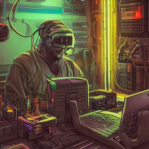 Prompt: cyberpunk goth old man cyborg working on cyberpunk computer in cyberpunk farmers market by william barlowe and pascal blanche and tom bagshaw and elsa beskow and enki bilal and franklin booth, neon rainbow vivid colors smooth, liquid, curves, very fine high detail 3 5 mm lens photo 8 k resolution