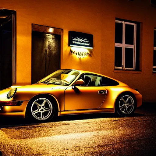 Image similar to Photo of a copper yellow Porsche 911 Carrera 3.2 parked in front of a cafe in Cyprus, night, moonlit, dramatic lighting, award winning, highly detailed