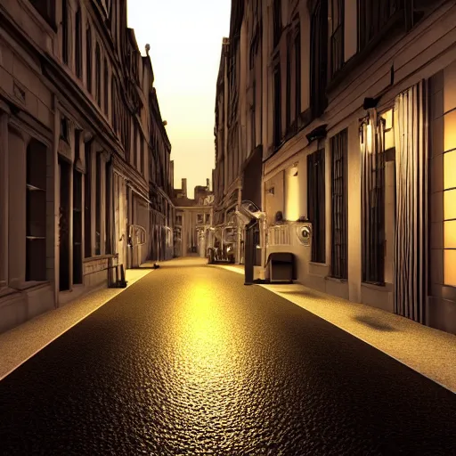 Prompt: street by night atmospheric light and building left an right, 3 d render