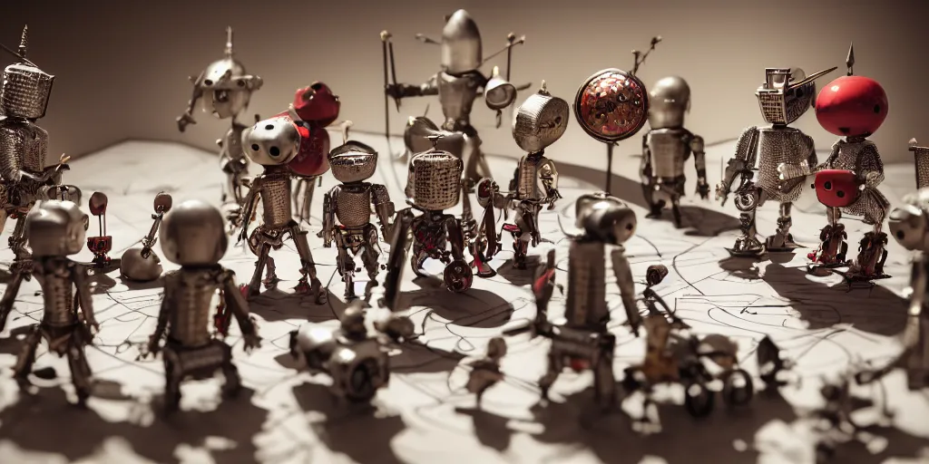 Prompt: closeup portrait of tin toy medieval knights fighting robots on white paper table in an artist workshop, depth of field, zeiss lens, detailed, centered, fashion photoshoot, by nicoletta ceccoli, mark ryden, lostfish, breathtaking, 8 k resolution, extremely detailed, beautiful, establishing shot, artistic, hyperrealistic, octane render