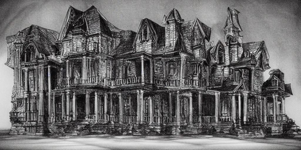 Image similar to technical drawing of a haunted mansion, hyper realistic, dramatic shadows, gothic