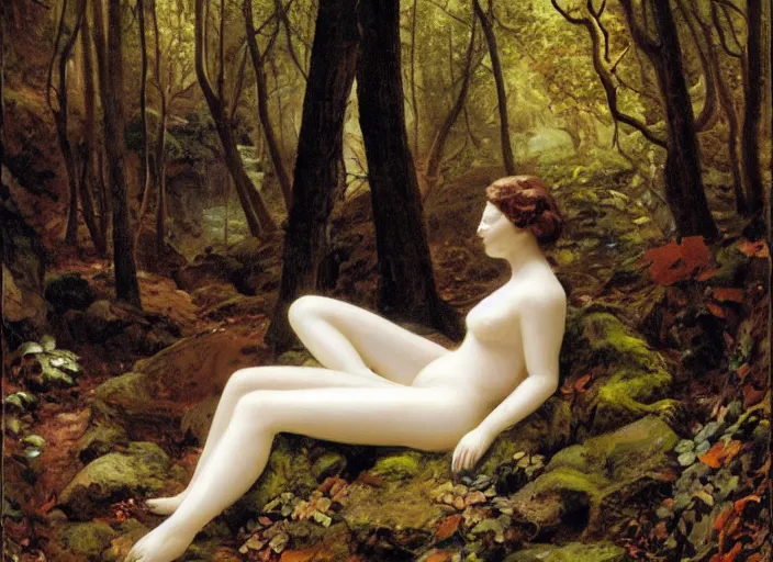 Prompt: a porcelain marble woman in deep forest grotto, dappled light on the forest floor, by abbott fuller graves