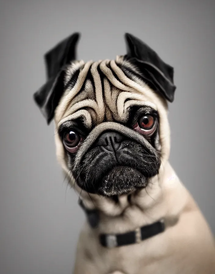 Image similar to a pug and with a paint mask intricate artwork by artstation. octane render, cinematic, hyper realism, 8k, depth of field.