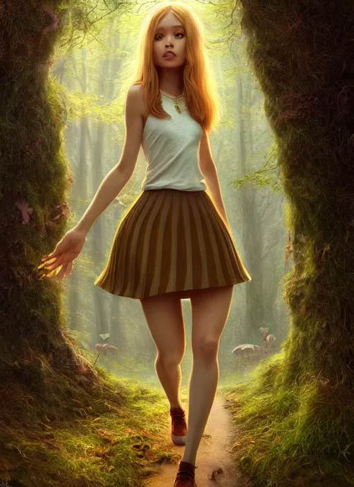 Image similar to young woman walking in short skirt : : magic forest mushrooms nature : : weta disney pixar movie still photo : : decadent highly - detailed digital painting, full length shot, golden ratio, octane render, artstation, smooth, sharp focus, artgerm, mucha, loish, wlop, gogo