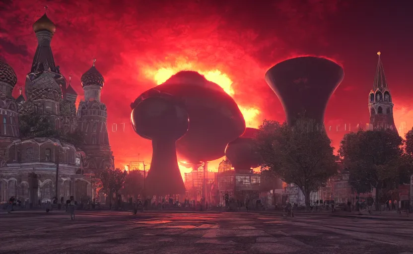 Prompt: ultra realistic wide shot of a big nuclear explosion with realistic nuclear mushroom in Red Square Kremlin, dark atmosphere, extremely high detail, photo realistic, cinematic lighting, post processed, artstation, matte painting, unreal engine 5, 8k