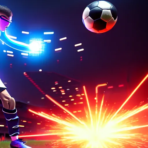 Prompt: a cyberpunk cyborg kicking a soccer ball in a soccer game, hyperrealistic, unreal engine, 4 k, 3 d