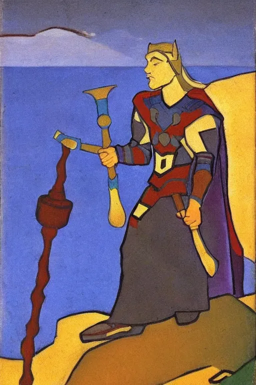 Image similar to thor holding the hammer, stay on mountain, marvel, artwork by nicholas roerich,