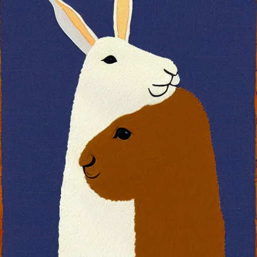 Prompt: a rabbit with short rabbit arms kissing an alpaca's cheek in the style of will barnet