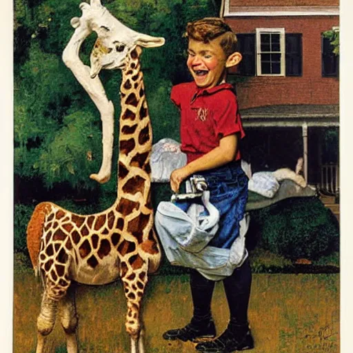 Prompt: a Norman Rockwell painting of a boy and his pet giraffe