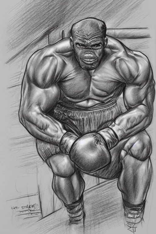 Prompt: highly detailed pencil sketch of a retired boxer sitting outside the boxing ring by todd mcfarlane and joe madureira