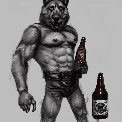 Image similar to a humanoid german shepherd beast - man in military style, holding a bottle of beer, artstation, concept art, smooth, sharp foccus ilustration, artstation